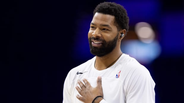 Nov 2, 2023; Philadelphia, Pennsylvania, USA; Philadelphia 76ers forward Marcus Morris Sr. before a game against the Toronto Raptors at Wells Fargo Center. Mandatory Credit: Bill Streicher-USA TODAY Sports